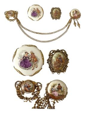 Bundle Vintage Victorian Courting Couple Porcelain Brooches Chain Goldtone